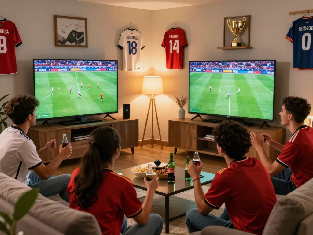 Excited fan watching lương sơn tv football match in a cozy living room setting with friends.