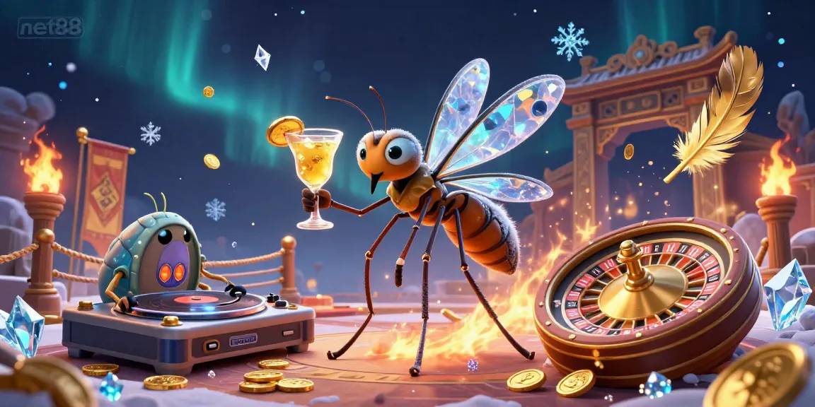 Engage in gaming action with Net88 at a vibrant casino featuring unique characters and elements.