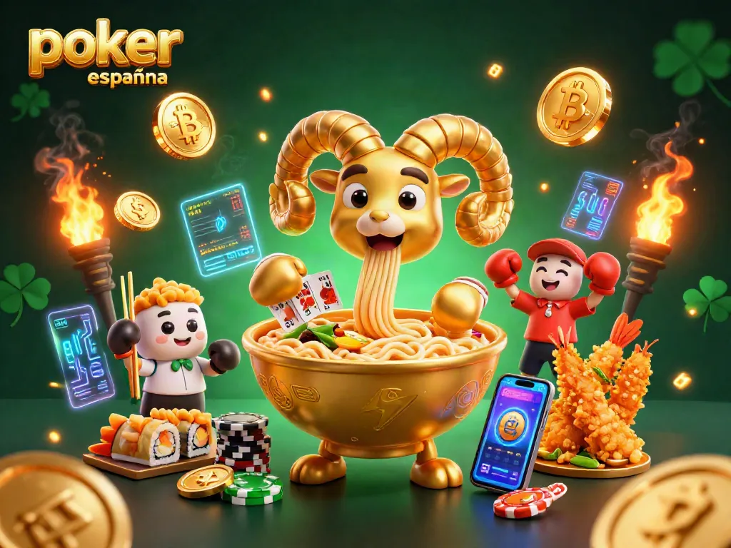 Póker España online con un bowl de ramen gigante y personajes animados jugando y apostando en un entorno dinámico y vibrante.