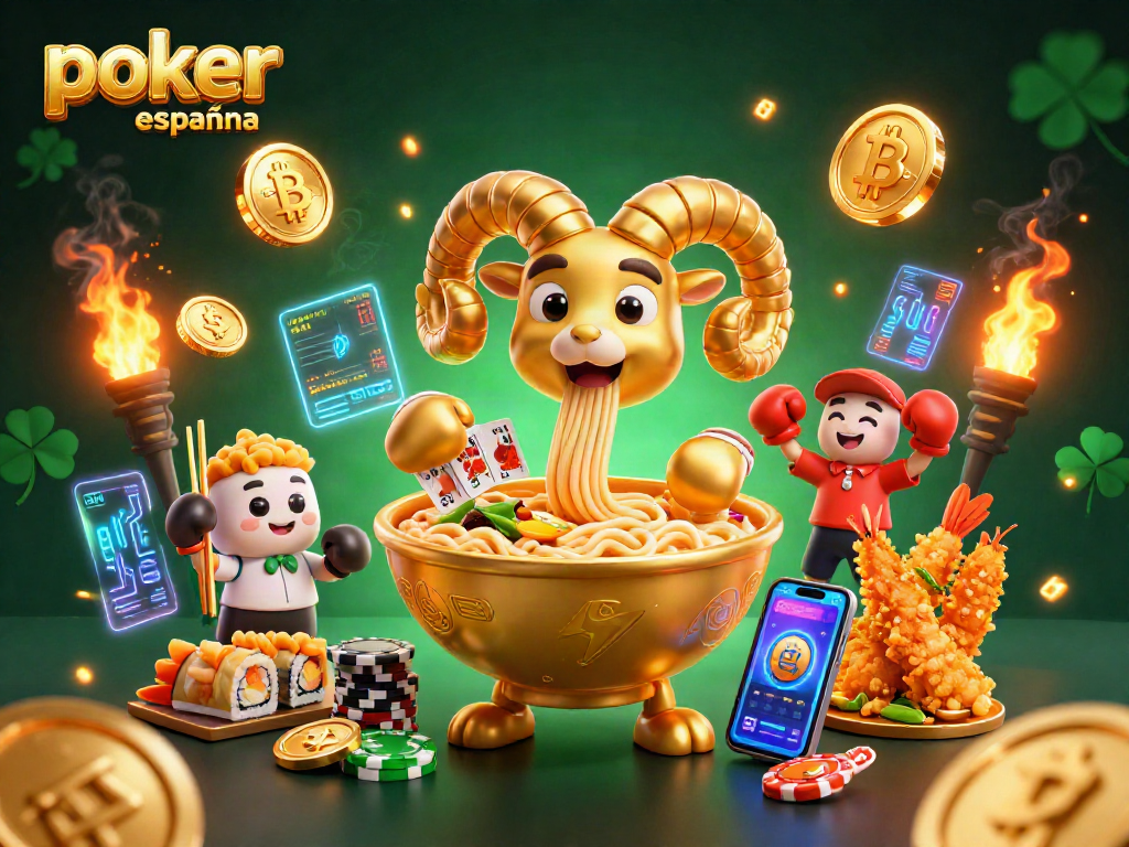 Póker España online con un bowl de ramen gigante y personajes animados jugando y apostando en un entorno dinámico y vibrante.