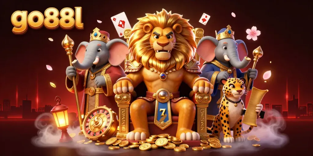 Experience thrilling games at go88l with a royal lion, wise elephant, and speedy cheetah amidst dynamic casino action.