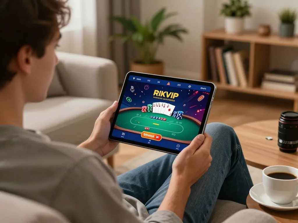 Player engaging with RIKVIP casino app on tablet in a cozy home setting
