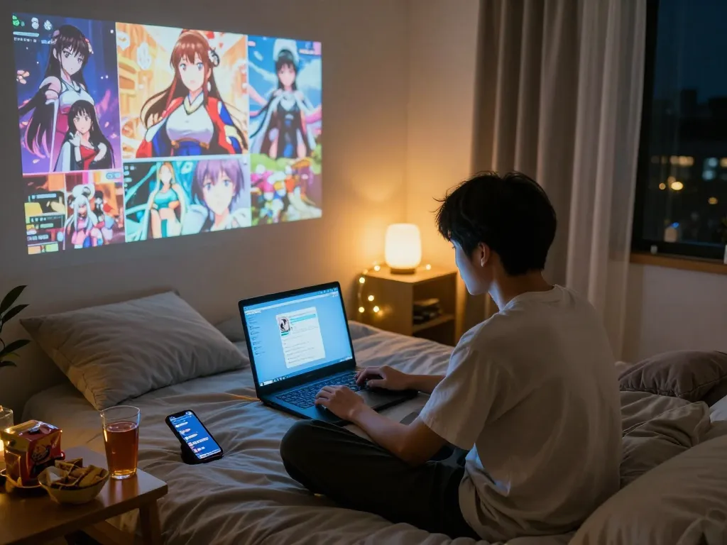 Engaging player immersed in a hentai game surrounded by cozy decor and snacks.