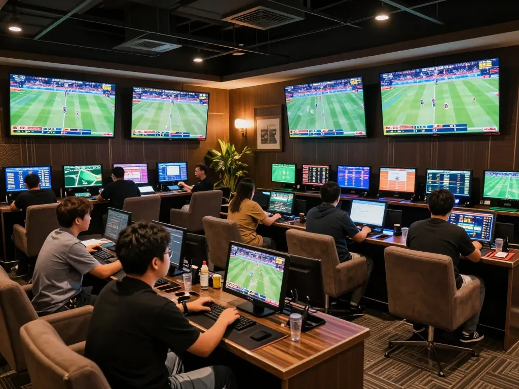 Excited bettors analyzing sports odds at NHÀ CÁI F168's elegant lounge, enhancing the betting experience.