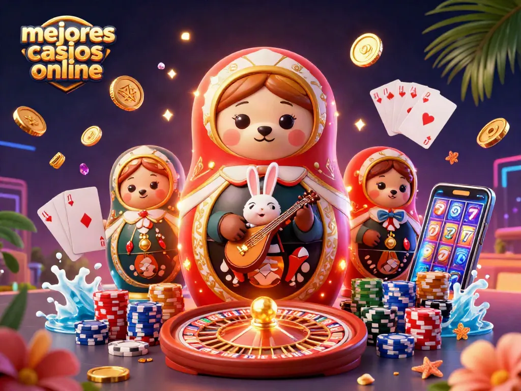 Los mejores casinos online: escena dinámica con un oso Matryoshka y elementos de casino interactivos.