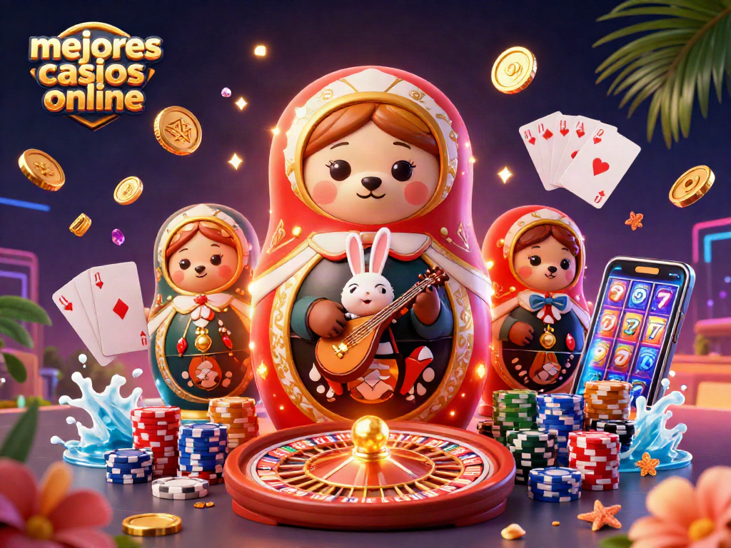 Los mejores casinos online: escena dinámica con un oso Matryoshka y elementos de casino interactivos.