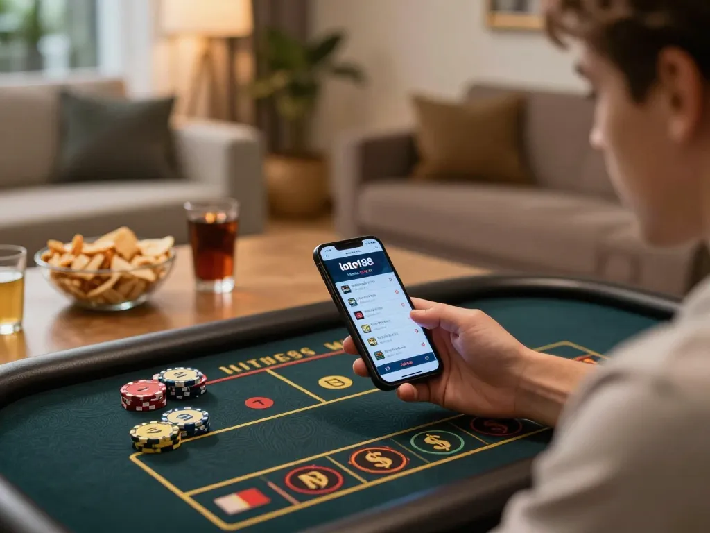 Engaged user placing bets on loto188 app in modern home setting, capturing the thrill of online gaming.