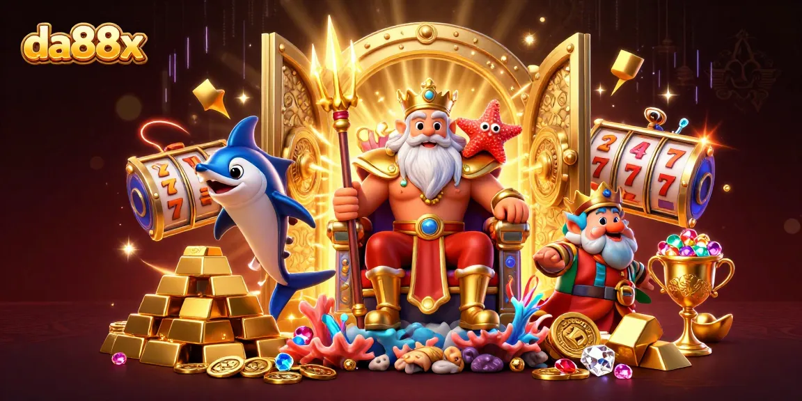 Experience epic wins with da88x in this vibrant casino-themed illustration featuring treasures and characters.