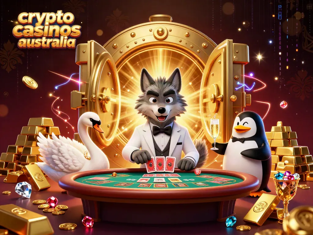 Engaging illustration of crypto casinos in Australia featuring vibrant characters and dynamic elements.