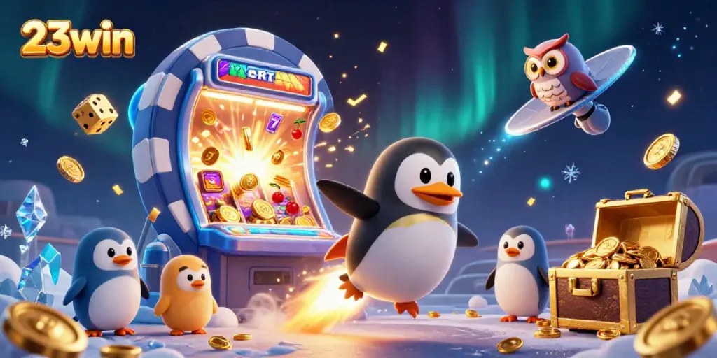 Engage with vibrant 23win casino-themed illustration featuring a golden penguin and slot machine.