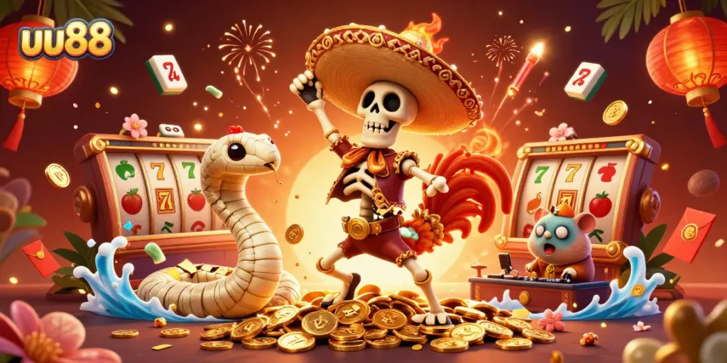 Win big at uu88 with dynamic 3D casino illustration featuring colorful characters and exciting gaming elements.