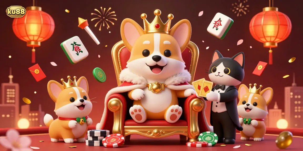 Witness the royal corgi of ku88 winning big in a vibrant casino scene filled with excitement.