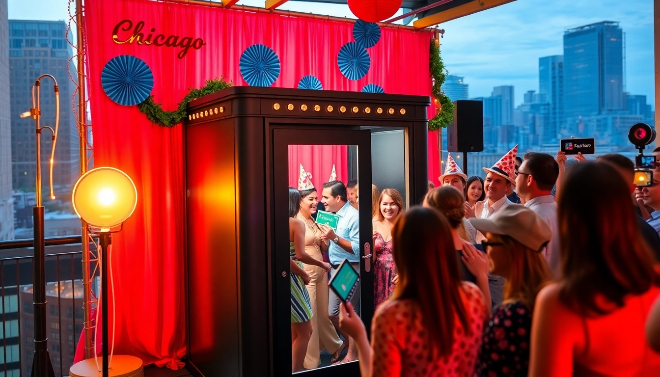 Guests enjoying the photo booth rental Chicago at a lively event, capturing joyful moments.