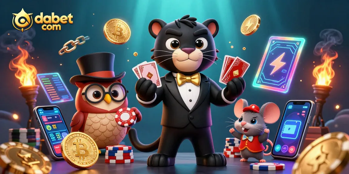 Engaging illustration of dabet com featuring a panther, owl, and mouse immersed in a vibrant casino world.