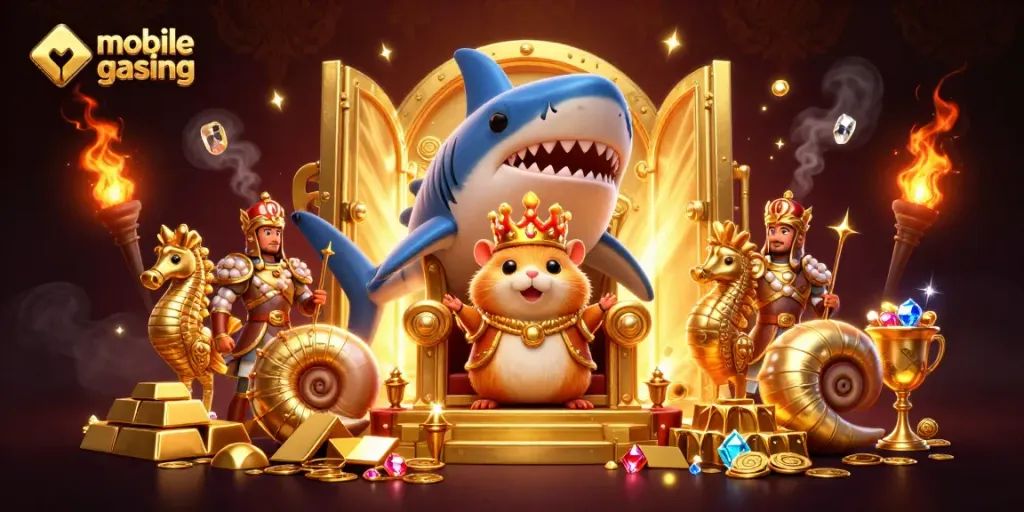 Engage in mobile casino gaming with this vibrant 3D scene featuring a golden hamster king and treasures.