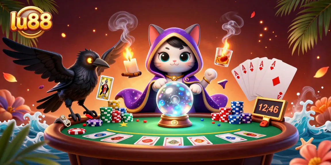 Engage with lu88's vibrant gaming world filled with fortune tellers, poker elements, and mystical charms.