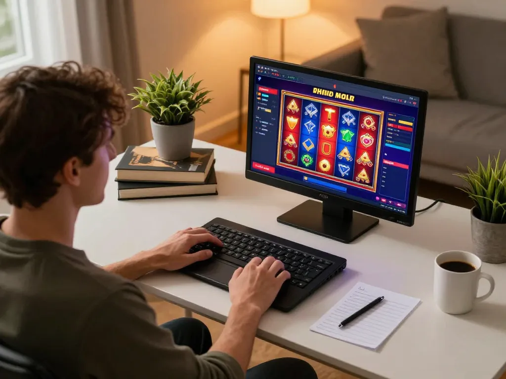 Player engaging with cm88 online slot game on laptop, cozy home gaming setup with warm lighting.