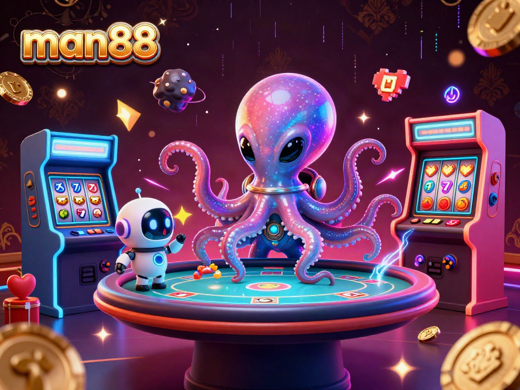 Experience thrilling action at man88 with an alien octopus dealing poker and colorful casino elements.