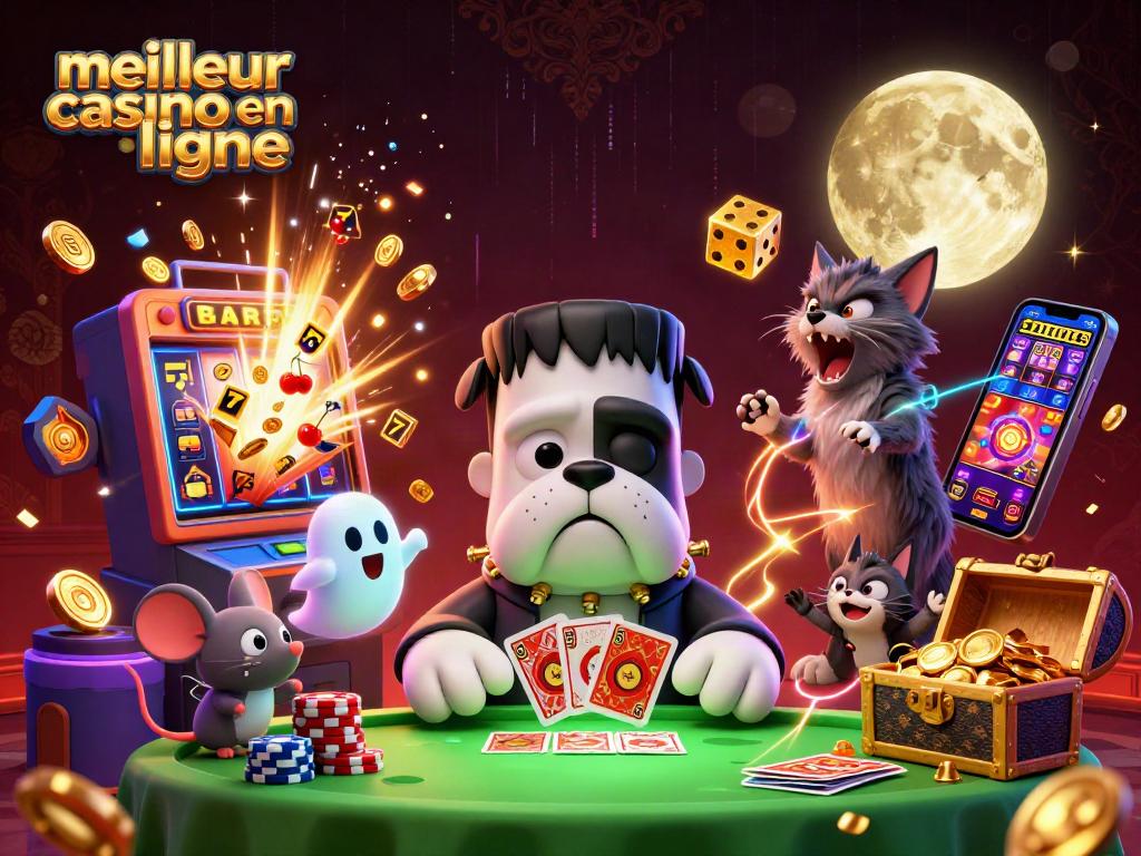 Jouez au meilleur casino en ligne avec ce bulldog Frankensteiner magique distribuant des cartes.