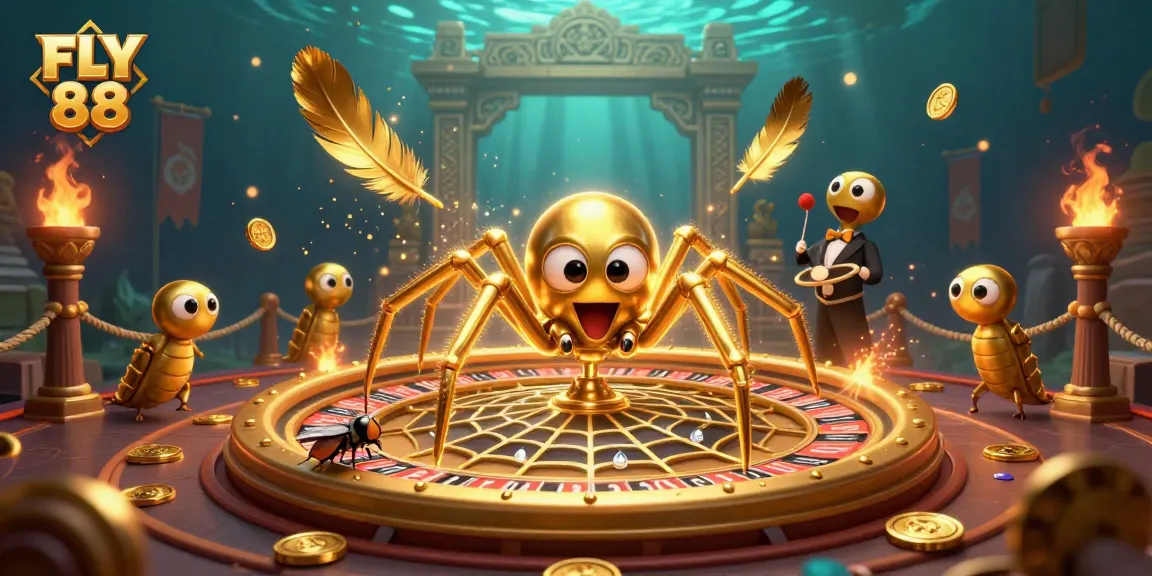 FLY 88 showcases a golden spider and centipede croupier in a vibrant casino scene.
