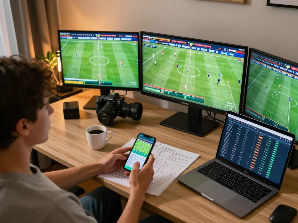 Engaged sports bettor using CAKHIATV for real-time betting strategies in a cozy setup