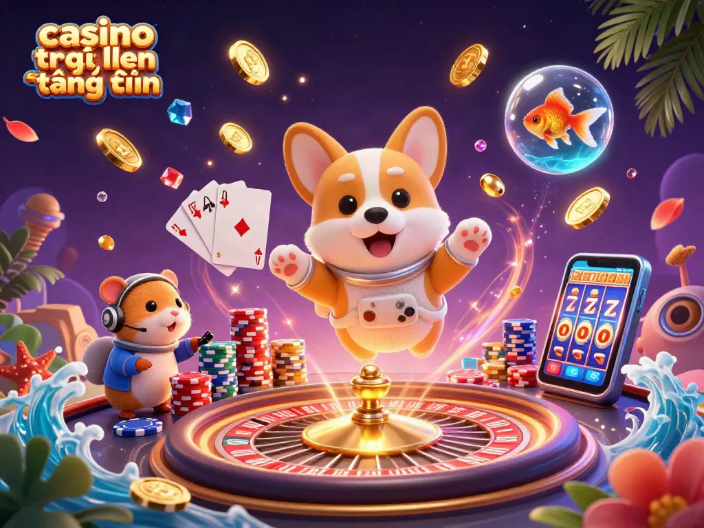 Hình ảnh sôi động về casino trực tuyến tặng tiền với chó corgi và các yếu tố sòng bạc.