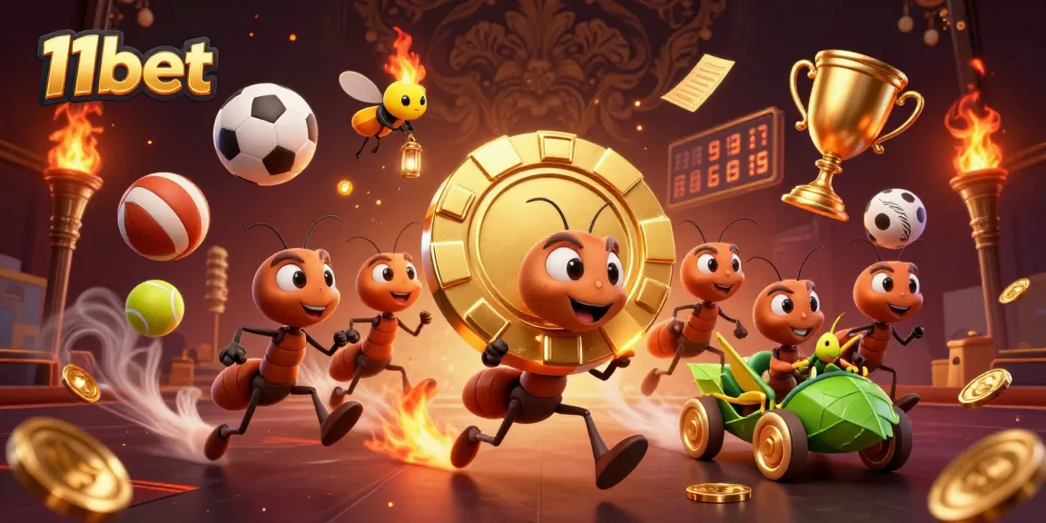 Experience exhilarating wins with 11bet featuring cartoon ants carrying a giant poker chip.
