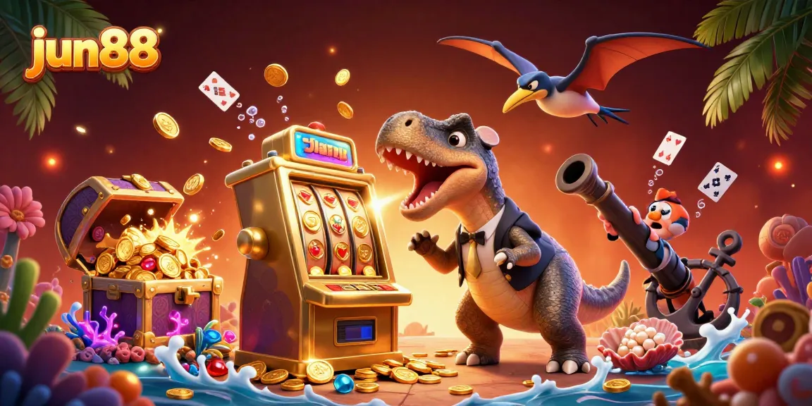 Experience excitement at jun88 as a dinosaur celebrates jackpot wins in a vibrant casino scene.