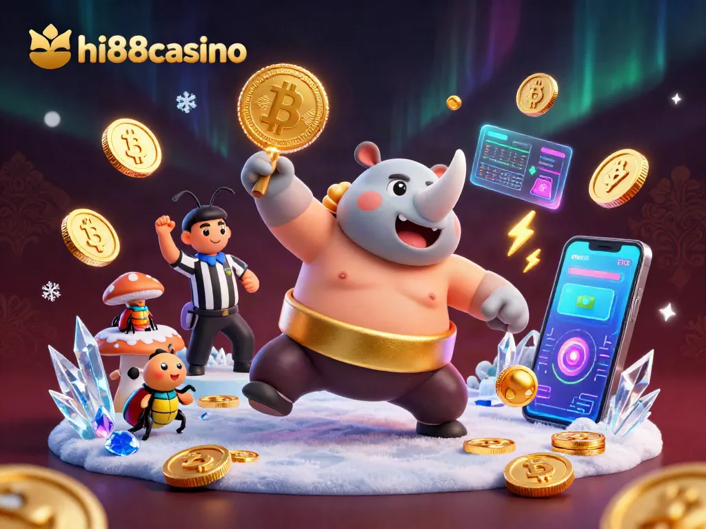 Experience thrilling gameplay at hi88casino with the sumo beetle champion amidst flying coins and cryptocurrency.