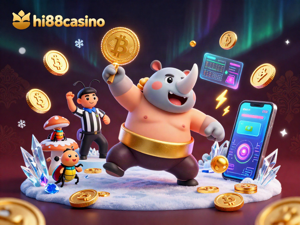 Experience thrilling gameplay at hi88casino with the sumo beetle champion amidst flying coins and cryptocurrency.