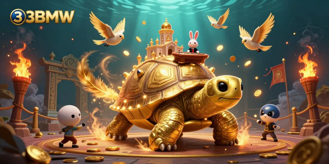 Engage in thrilling play at 33BMW with a dynamic scene of a golden tortoise casino and card table.