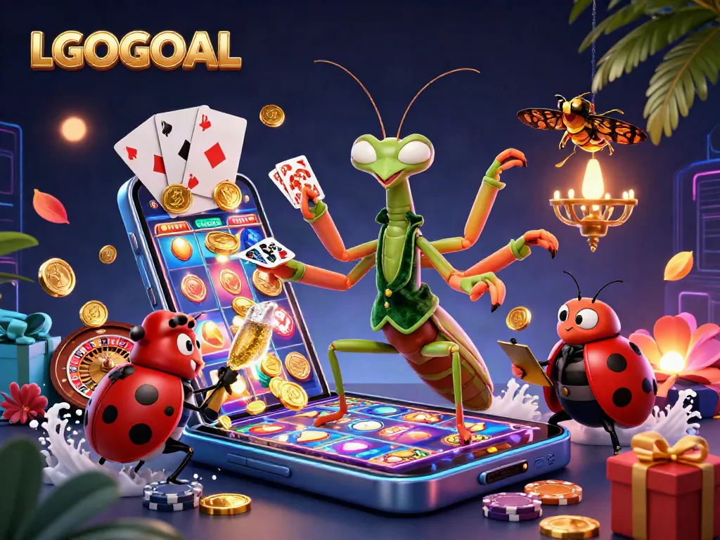 Engage with LGOGOAL's vibrant casino scene featuring dynamic characters dealing cards and vibrant game elements.