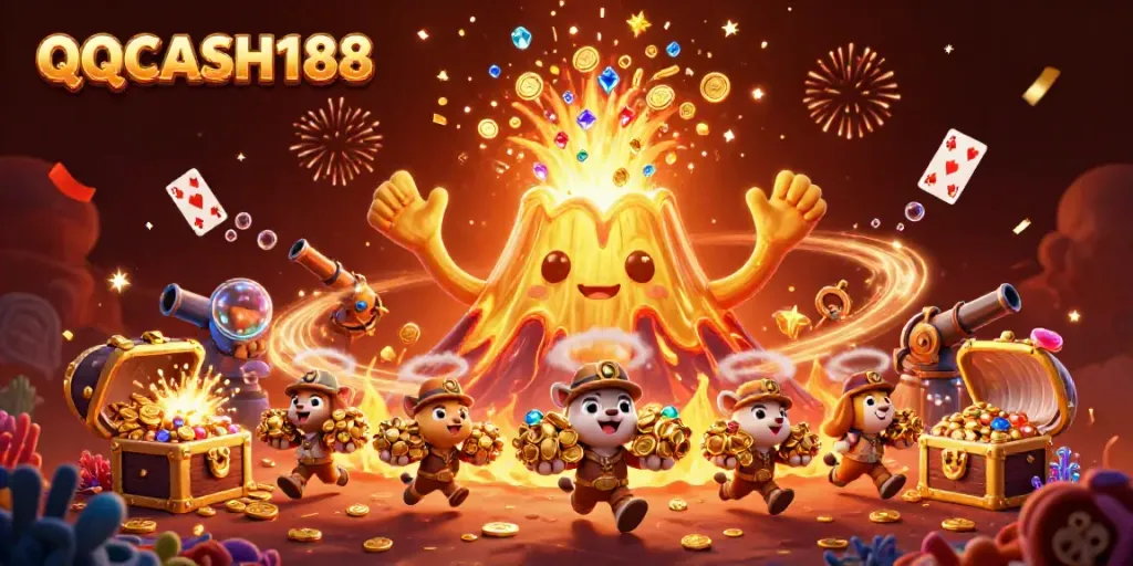 Experience the excitement of QQCASH188 through a vibrant 3D illustration of treasure and adventure.