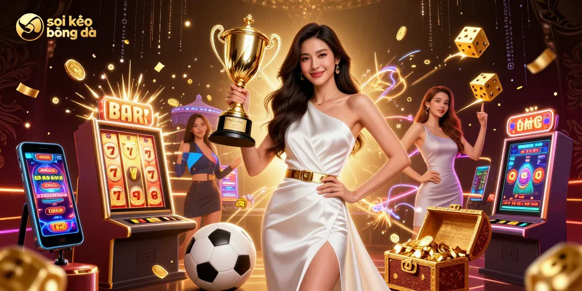 Succeed in sports betting with soi kèo bóng đá as a victorious Asian woman holds a trophy in a dynamic illustration.