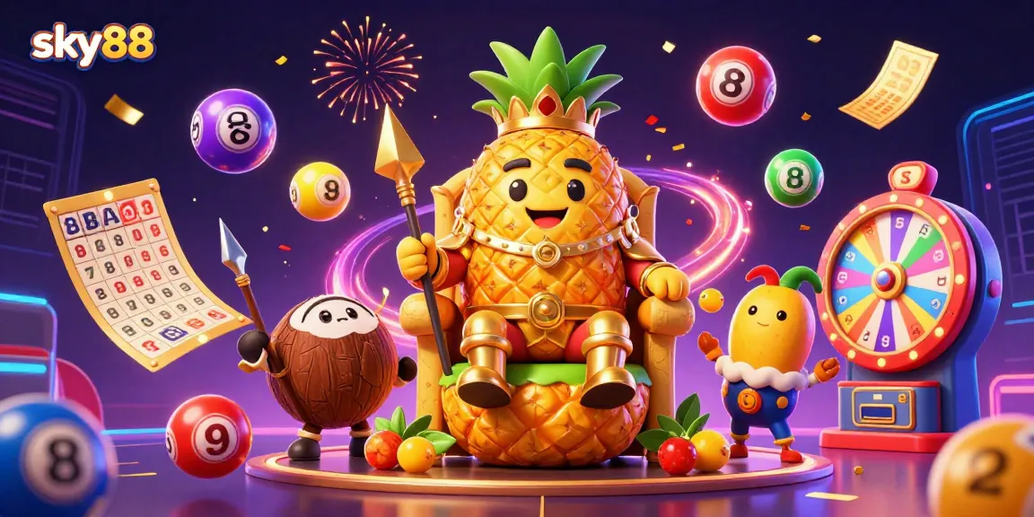 Experience the excitement of sky88 with a golden pineapple king and vibrant casino elements.