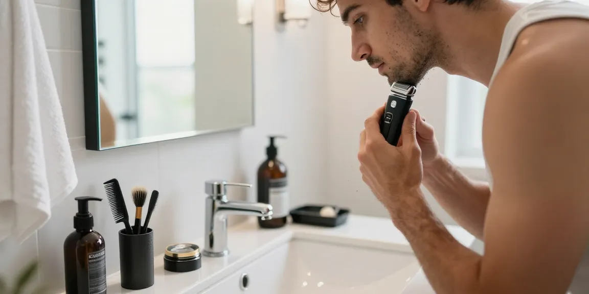 Man using electric shaver in a modern bathroom for a fresh grooming routine, featuring rokok88 link alternatif products around.