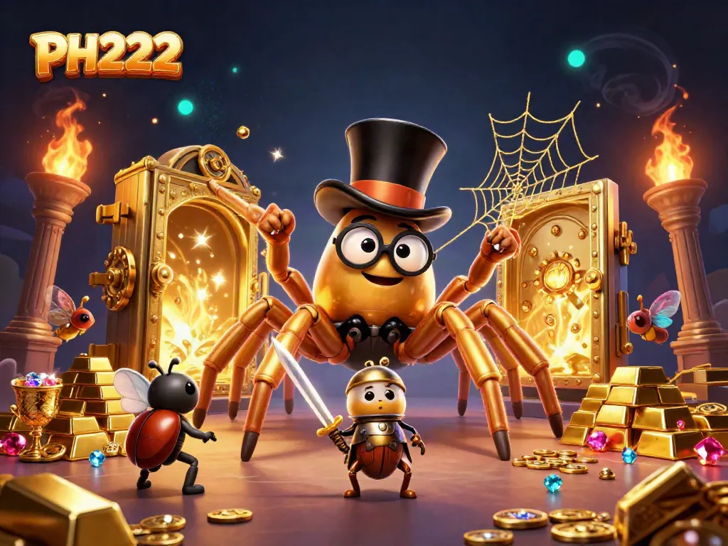 Experience the thrill of PH222 with a golden tarantula weaving magic in a vibrant casino scene.
