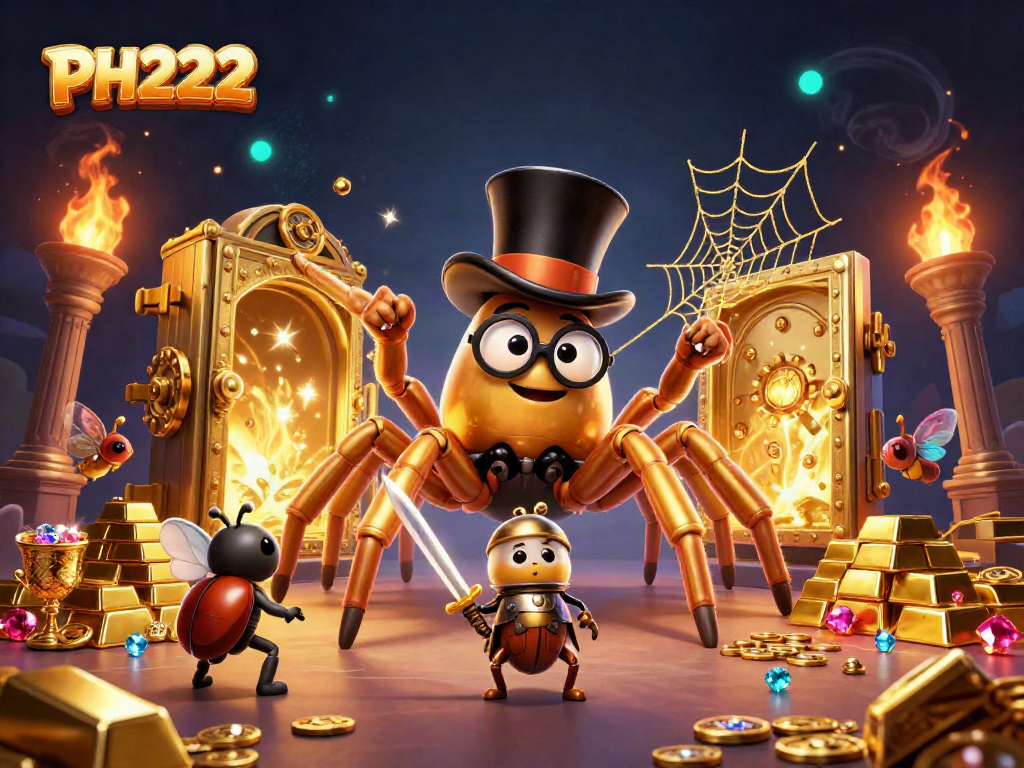 Experience the thrill of PH222 with a golden tarantula weaving magic in a vibrant casino scene.