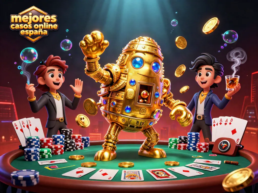 Mejores casinos online en España: golem dorado y elementos de póker en un ambiente vibrante.