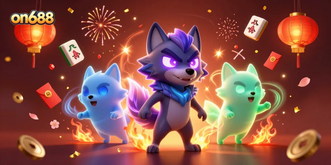 Experience thrilling gaming at on688 with a mystical wolf pack amidst vibrant casino elements.