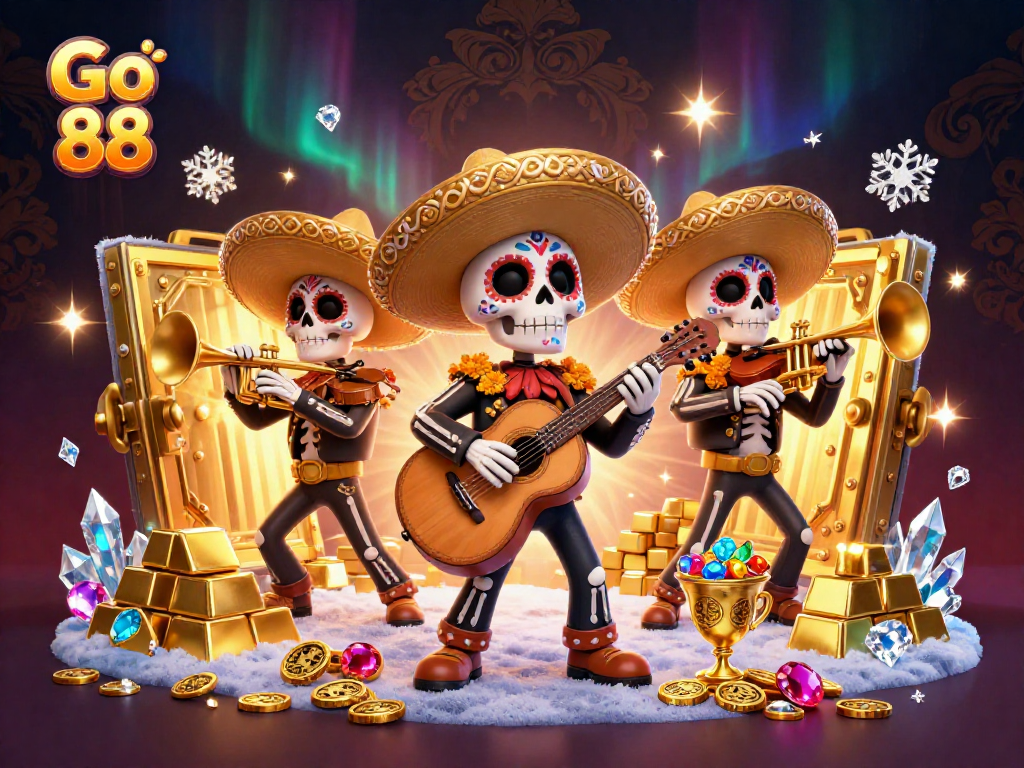 Experience immersive gaming with Go 88 through vibrant 3D illustration featuring a lively mariachi band amidst treasures.