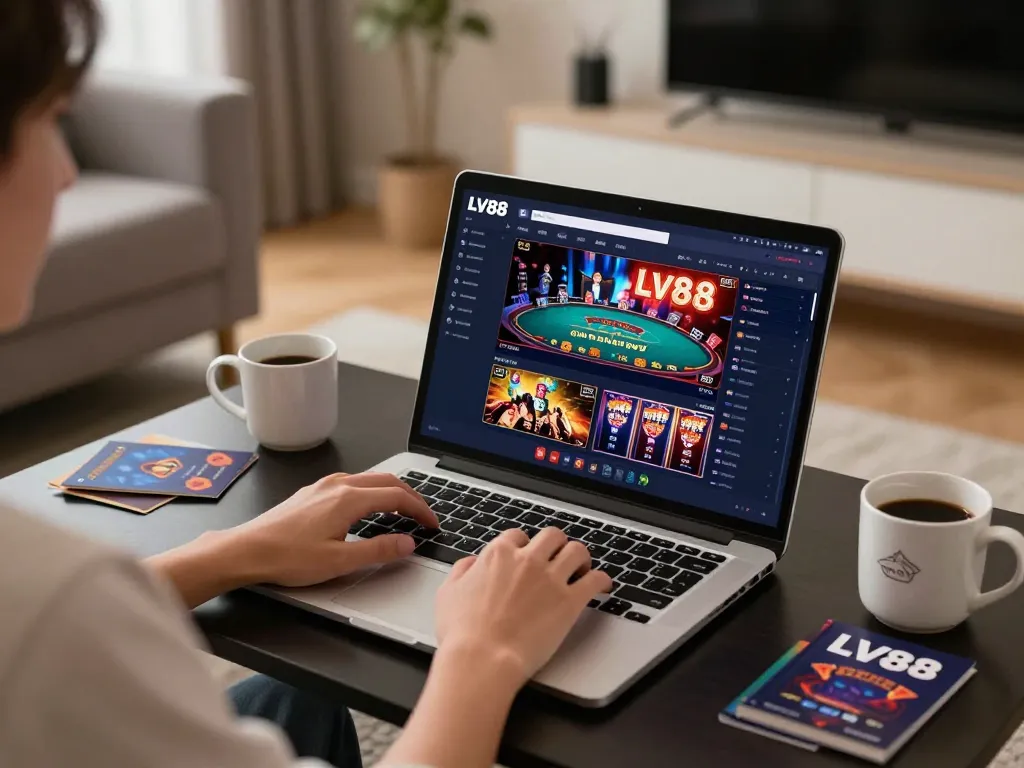 Engaging in online casino gaming with LV88 link displayed on laptop, showcasing vibrant poker gameplay