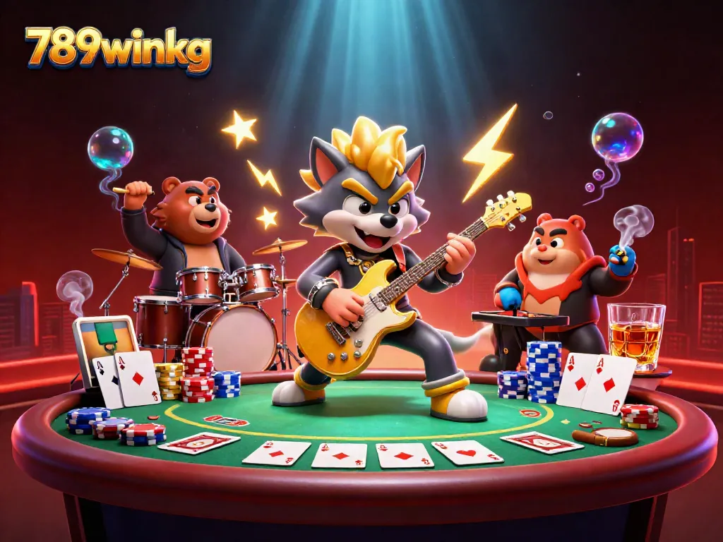 Experience the thrilling casino atmosphere with 789winkg as a rock star wolf plays guitar surrounded by vibrant gaming elements.