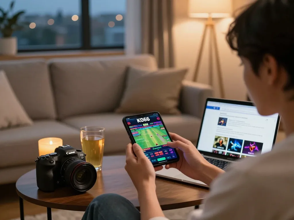 Engaged user accessing link KO66 on smartphone in cozy living space, vibrant game graphics visible, relaxed entertainment atmosphere.