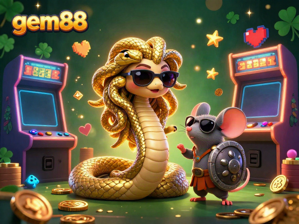 Experience the excitement of gem88 with a vibrant 3D casino scene featuring Medusa and a warrior mouse amidst arcade games.