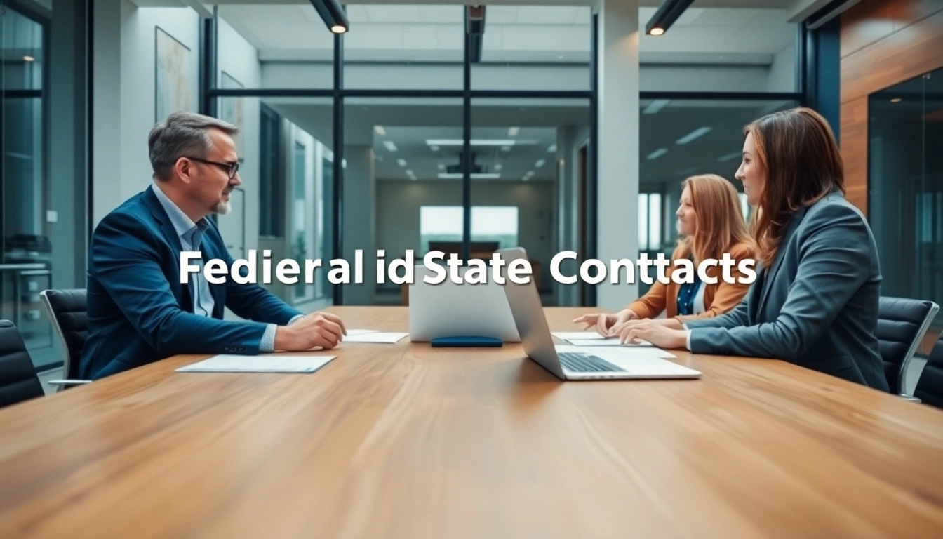 Engaging professionals analyzing Federal and State contracts during a meeting in a modern office setting.
