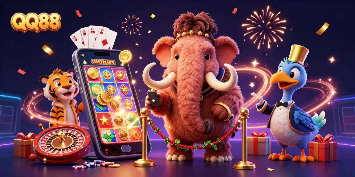 Experience QQ88 with vibrant casino characters amidst dynamic gaming elements in an engaging 3D scene.