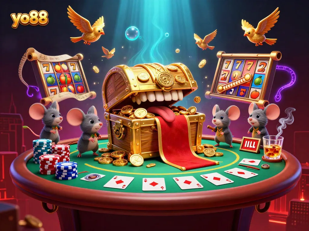 Experience excitement at yo88 with thrilling slot reels and treasure hunt vibes in this vibrant casino scene.