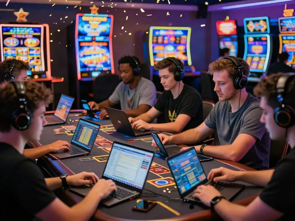 Players enjoying the excitement of ku88 gaming on laptops and mobile devices in a vibrant online casino setting.