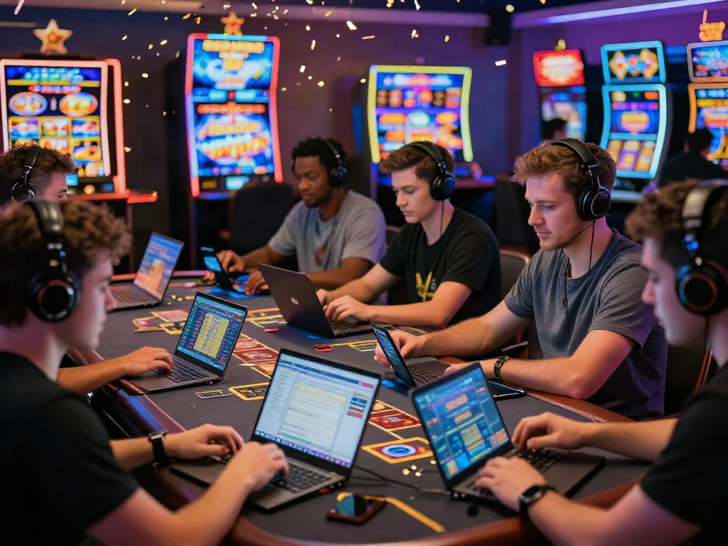 Players enjoying the excitement of ku88 gaming on laptops and mobile devices in a vibrant online casino setting.